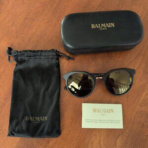 Balmain gold and black women sunglasses with case, sleeve, certificate and box